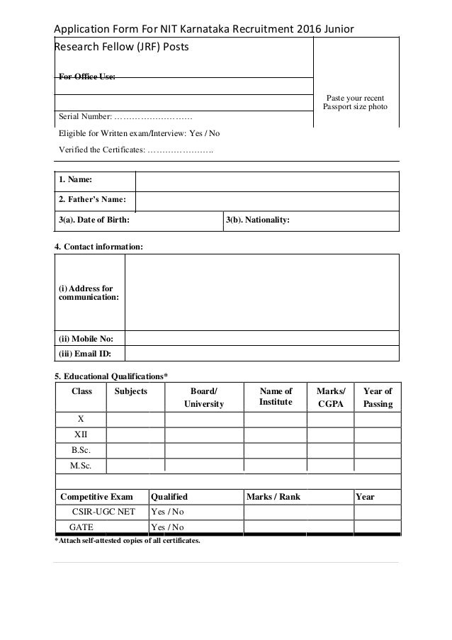 Application Form For Nit Karnataka Recruitment 2016 Junior Research F Application Landscape Template