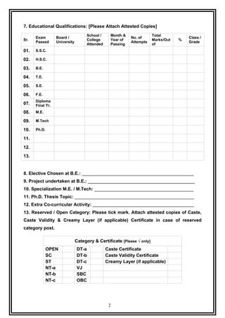 7. Educational Qualifications: [Please Attach Attested Copies]
                                     School /     Month &               Total
      Exam        Board /                                   No. of                      Class /
Sr.                                  College      Year of               Marks/Out   %
      Passed      University                                Attempts                    Grade
                                     Attended     Passing               of
01.   S.S.C.

02.   H.S.C.

03.   B.E.

04.   T.E.

05.   S.E.

06.   F.E.
      Diploma
07.   Final Yr.
08.   M.E.

09.   M.Tech

10.   Ph.D.

11.
12.
13.


8. Elective Chosen at B.E.: ____________________________________________
9. Project undertaken at B.E.: __________________________________________
10. Specialization M.E. / M.Tech: _______________________________________
11. Ph.D. Thesis Topic: _______________________________________________
12. Extra Co-curricular Activity: ________________________________________
13. Reserved / Open Category: Please tick mark. Attach attested copies of Caste,
Caste Validity & Creamy Layer (if applicable) Certificate in case of reserved
category post.

                               Category & Certificate [Please √ only]
              OPEN             DT-a             Caste Certificate
              SC               DT-b             Caste Validity Certificate
              ST               DT-c             Creamy Layer (if applicable)
              NT-a             VJ
              NT-b             SBC
              NT-c             OBC




                                                 2
 