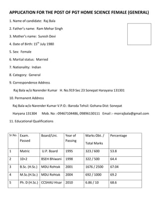 APPLICATION FOR THE POST OF PGT HOME SCIENCE FEMALE (GENERAL)
1. Name of candidate: Raj Bala
2. Father’s name: Ram Mehar Singh
3. Mother’s name: Suresh Devi
4. Date of Birth: 15th
July 1980
5. Sex: Female
6. Martial status: Married
7. Nationality: Indian
8. Category: General
9. Correspondence Address
Raj Bala w/o Narender Kumar H. No.919 Sec 23 Sonepat Harayana 131301
10. Permanent Address
Raj Bala w/o Narender Kumar V.P.O.: Baroda Tehsil: Gohana Dist: Sonepat
Haryana 131304 Mob. No :-09467104486, 09896130111 Email :- morrajbala@gmail.com
11. Educational Qualifications
Sr.No. Exam.
Passed
Board/Uni. Year of
Passing
Marks Obt. /
Total Marks
Percentage
1 Matric U.P. Board 1995 323 / 600 53.8
2 10+2 BSEH Bhiwani 1998 322 / 500 64.4
3 B.Sc. (H.Sc.) MDU Rohtak 2001 1676 / 2500 67.04
4 M.Sc.(H.Sc.) MDU Rohtak 2004 692 / 1000 69.2
5 Ph. D (H.Sc.) CCSHAU Hisar 2010 6.86 / 10 68.6
 