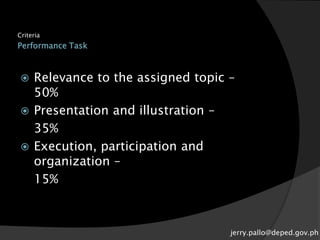 Performance Task
Criteria
 Relevance to the assigned topic –
50%
 Presentation and illustration –
35%
 Execution, participation and
organization –
15%
jerry.pallo@deped.gov.ph
 