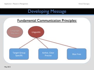 Application - Masters in Management	

 Kimon Georigou	

Developing Message	

Fundamental Communication Principles:	

Language	
  
Barriers	
  
Linguis5c	
  
Target	
  Group	
  	
  
Speciﬁc	
  
Ac5ve,	
  Clear	
  
Precise	
  
Bias	
  Free	
  
May 2013	

 