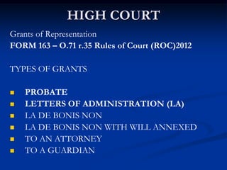 HIGH COURT
Grants of Representation
FORM 163 – O.71 r.35 Rules of Court (ROC)2012
TYPES OF GRANTS
 PROBATE
 LETTERS OF A...