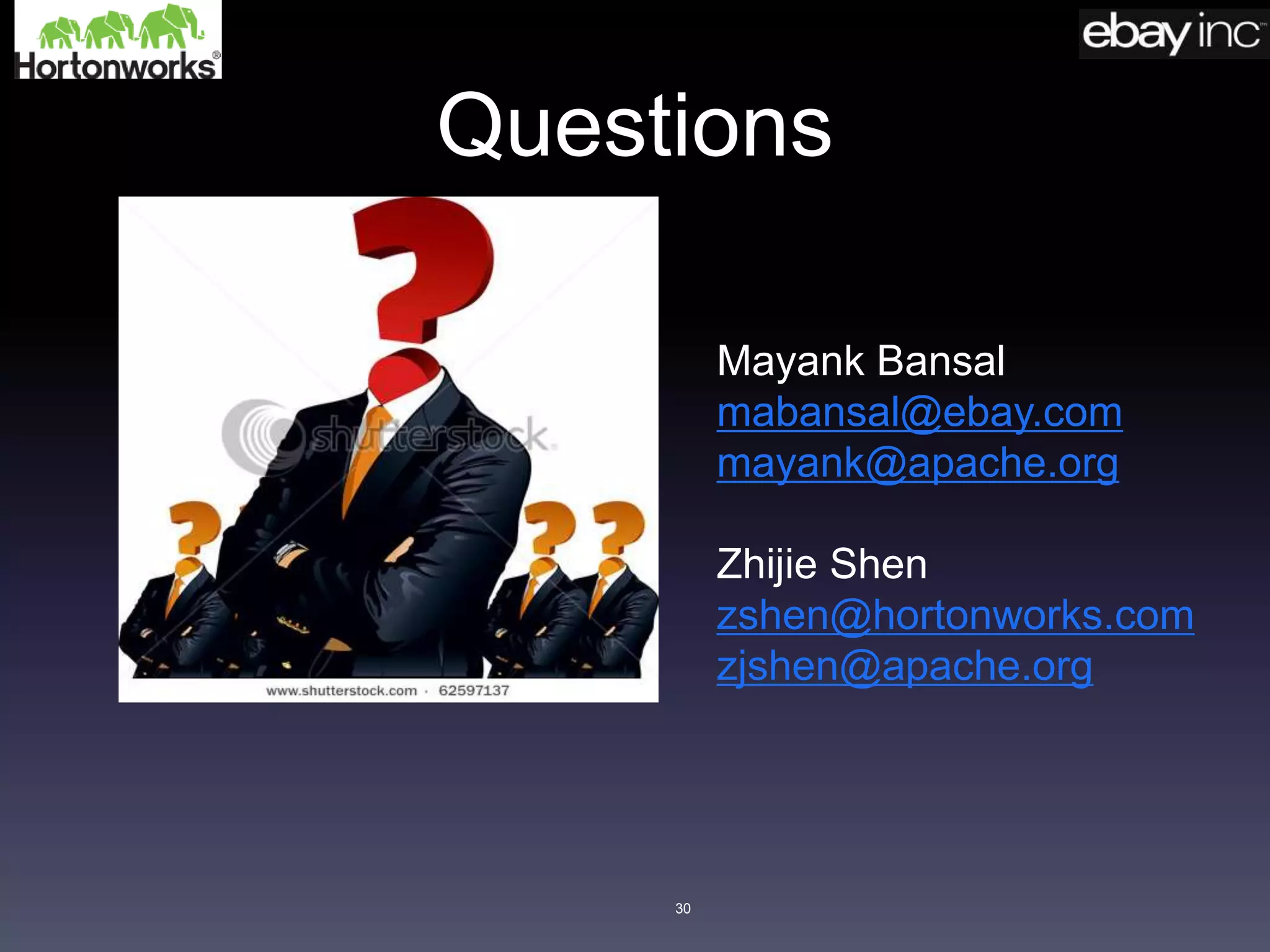 Questions
30
Mayank Bansal
mabansal@ebay.com
mayank@apache.org
Zhijie Shen
zshen@hortonworks.com
zjshen@apache.org
 