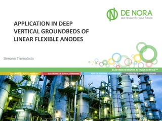 ELECTROCHEMISTRY AT YOUR SERVICETM
SPECIALTIES & NEW APPLICATIONSPOOLS & ELECTROCHLORINATIONELECTRONICS & SURFACE FINISHINGCHLORINE & CAUSTIC INDUSTRY
APPLICATION IN DEEP
VERTICAL GROUNDBEDS OF
LINEAR FLEXIBLE ANODES
Simone Tremolada
 