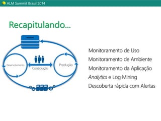ALM Summit Brasil 2014 
Monitoramento de Uso 
Monitoramento de Ambiente 
Monitoramento da Aplicação 
Analytics e Log Mining 
Descoberta rápida com Alertas 
Recapitulando... 
BACKLOG 
Desenvolvimento Produção 
Colaboração 
 