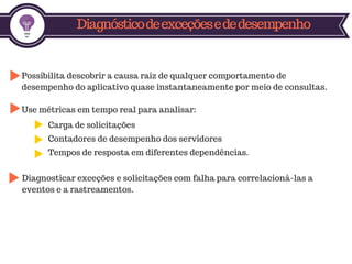 Diagnósticodeexceçõesededesempenho
Carga de solicitações
Contadores de desempenho dos servidores
Tempos de resposta em diferentes dependências.
Possibilita descobrir a causa raiz de qualquer comportamento de
desempenho do aplicativo quase instantaneamente por meio de consultas.
Use métricas em tempo real para analisar:
Diagnosticar exceções e solicitações com falha para correlacioná-las a
eventos e a rastreamentos.
 