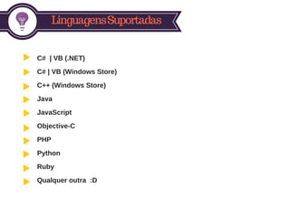 LinguagensSuportadas
C#  | VB (.NET)
C# | VB (Windows Store)
C++ (Windows Store)
Java
JavaScript
Objective­C
PHP
Python
Ruby
Qualquer outra  :D
 