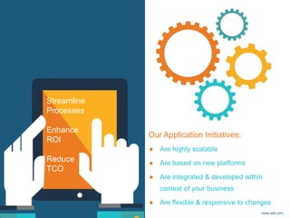 Our Application Initiatives:
● Are highly scalable
● Are based on new platforms
● Are integrated & developed within
context of your business
● Are flexible & responsive to changes
Streamline
Processes
Enhance
ROI
Reduce
TCO
www.qat.com
 