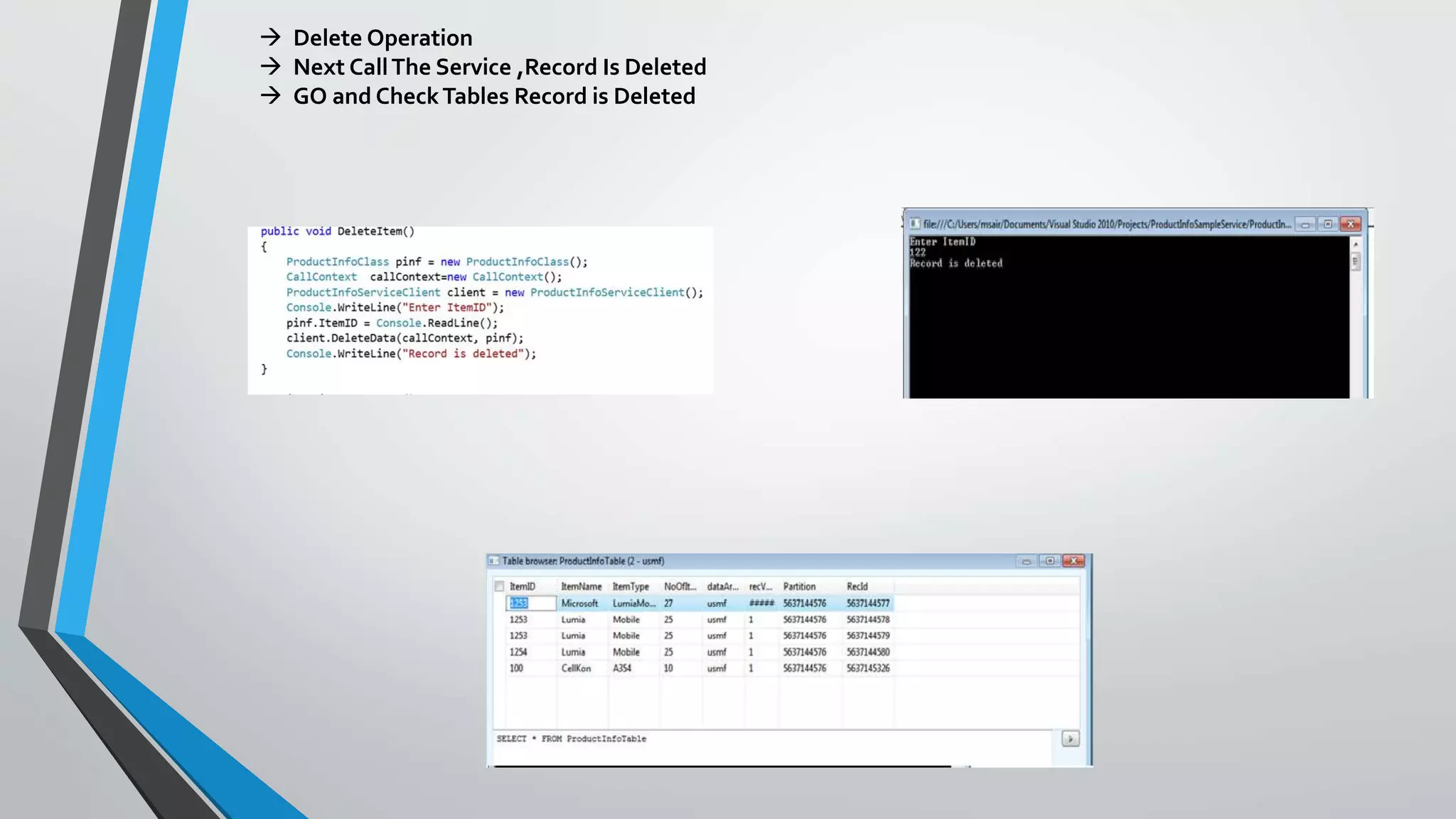  Delete Operation
 Next CallThe Service ,Record Is Deleted
 GO and CheckTables Record is Deleted
 