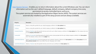 User Session Service – Enables you to return information about the currentWindows user.You can return
information such as the user’s default language, default company, default company time zone,
permissions to access-controlled items, and so on.
The system services are hosted by the ApplicationObject Server (AOS).The system services are
automatically installed as part of the setup process and are always available.
 
