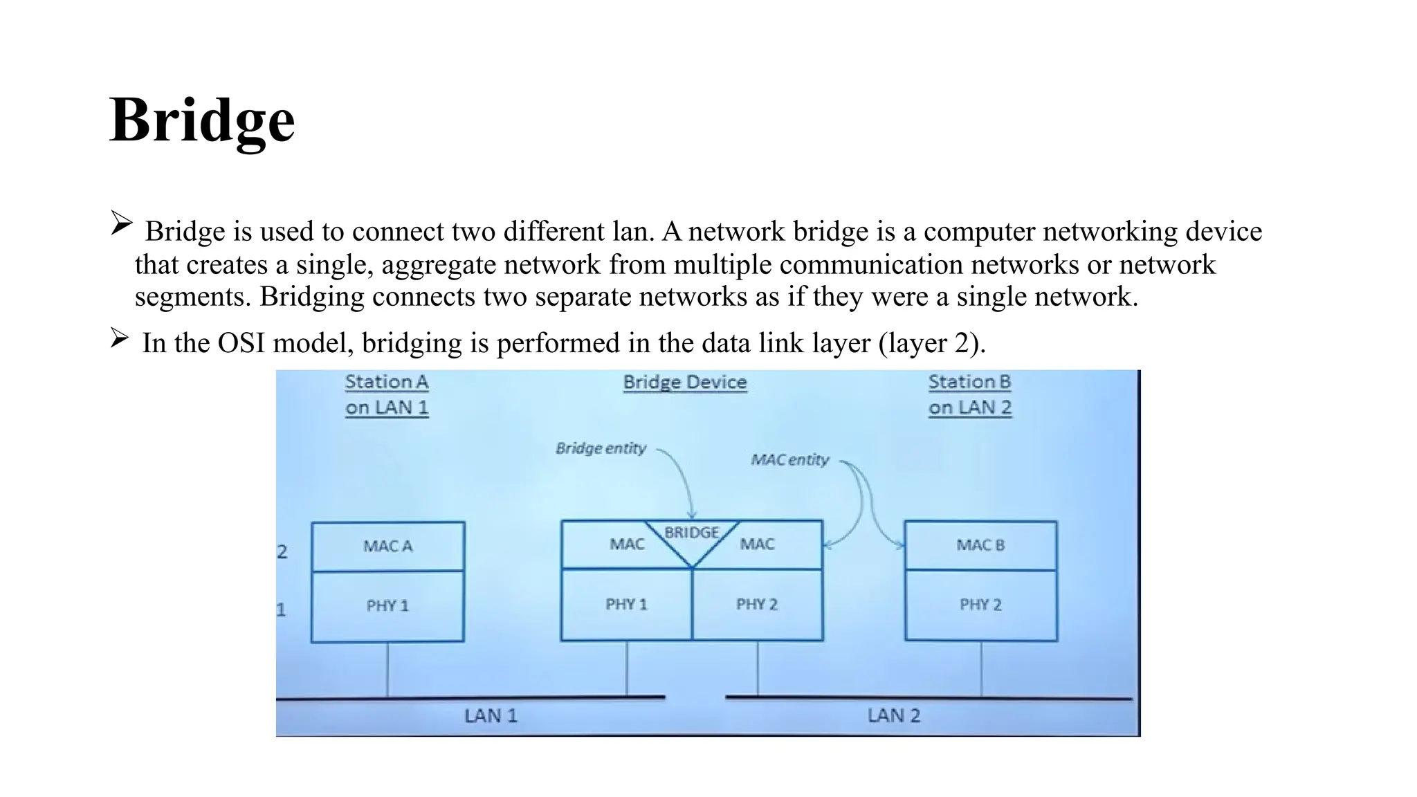 Bridge
 Bridge is used to connect two different lan. A network bridge is a computer networking device
that creates a single, aggregate network from multiple communication networks or network
segments. Bridging connects two separate networks as if they were a single network.
 In the OSI model, bridging is performed in the data link layer (layer 2).
 