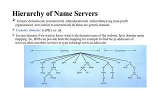Hierarchy of Name Servers
 Generic domain.com (commercial) .edu(educational) .mil(military).org (non-profit
organization) .net (similar to commercial) all these are generic domain.
 Country domain: in (PK) .us .uk.
 Inverse domain if we want to know what is the domain name of the website. Ip to domain name
mapping. So, DNS can provide both the mapping for example to find the ip addresses of
www.cu.edut.com then we have to type nslookup www.cu.edut.com.
 