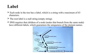 Label
 Each node in the tree has a label, which is a string with a maximum of 63
characters.
 The root label is a null string (empty string).
 DNS requires that children of a node (nodes that branch from the same node)
have different labels, which guarantees the uniqueness of the domain names.
 