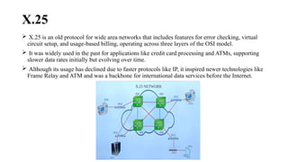 X.25
 X.25 is an old protocol for wide area networks that includes features for error checking, virtual
circuit setup, and usage-based billing, operating across three layers of the OSI model.
 It was widely used in the past for applications like credit card processing and ATMs, supporting
slower data rates initially but evolving over time.
 Although its usage has declined due to faster protocols like IP, it inspired newer technologies like
Frame Relay and ATM and was a backbone for international data services before the Internet.
 