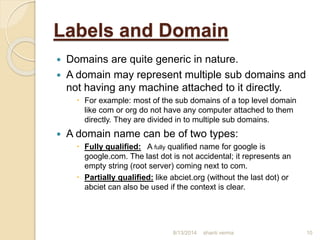 Labels and Domain
 Domains are quite generic in nature.
 A domain may represent multiple sub domains and
not having any machine attached to it directly.
 For example: most of the sub domains of a top level domain
like com or org do not have any computer attached to them
directly. They are divided in to multiple sub domains.
 A domain name can be of two types:
 Fully qualified: A fully qualified name for google is
google.com. The last dot is not accidental; it represents an
empty string (root server) coming next to com.
 Partially qualified: like abciet.org (without the last dot) or
abciet can also be used if the context is clear.
shanti verma 108/13/2014
 