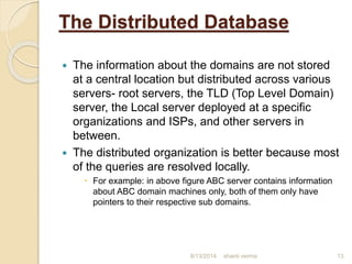 The Distributed Database
 The information about the domains are not stored
at a central location but distributed across various
servers- root servers, the TLD (Top Level Domain)
server, the Local server deployed at a specific
organizations and ISPs, and other servers in
between.
 The distributed organization is better because most
of the queries are resolved locally.
 For example: in above figure ABC server contains information
about ABC domain machines only, both of them only have
pointers to their respective sub domains.
shanti verma 138/13/2014
 