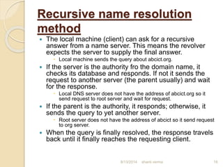 Recursive name resolution
method
 The local machine (client) can ask for a recursive
answer from a name server. This means the revolver
expects the server to supply the final answer.
 Local machine sends the query about abcict.org.
 If the server is the authority fro the domain name, it
checks its database and responds. If not it sends the
request to another server (the parent usually) and wait
for the response.
 Local DNS server does not have the address of abcict.org so it
send request to root server and wait for request.
 If the parent is the authority, it responds; otherwise, it
sends the query to yet another server.
 Root server does not have the address of abcict so it send request
to org server.
 When the query is finally resolved, the response travels
back until it finally reaches the requesting client.
shanti verma 188/13/2014
 