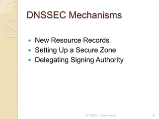 DNSSEC Mechanisms
 New Resource Records
 Setting Up a Secure Zone
 Delegating Signing Authority
35shanti verma8/13/2014
 