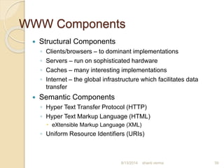 WWW Components
 Structural Components
◦ Clients/browsers – to dominant implementations
◦ Servers – run on sophisticated hardware
◦ Caches – many interesting implementations
◦ Internet – the global infrastructure which facilitates data
transfer
 Semantic Components
◦ Hyper Text Transfer Protocol (HTTP)
◦ Hyper Text Markup Language (HTML)
 eXtensible Markup Language (XML)
◦ Uniform Resource Identifiers (URIs)
shanti verma 398/13/2014
 