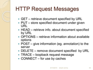 HTTP Request Messages
 GET – retrieve document specified by URL
 PUT – store specified document under given
URL
 HEAD – retrieve info. about document specified
by URL
 OPTIONS – retrieve information about available
options
 POST – give information (eg. annotation) to the
server
 DELETE – remove document specified by URL
 TRACE – loopback request message
 CONNECT – for use by caches
shanti verma 458/13/2014
 