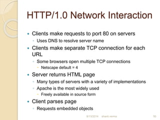 HTTP/1.0 Network Interaction
 Clients make requests to port 80 on servers
◦ Uses DNS to resolve server name
 Clients make separate TCP connection for each
URL
◦ Some browsers open multiple TCP connections
 Netscape default = 4
 Server returns HTML page
◦ Many types of servers with a variety of implementations
◦ Apache is the most widely used
 Freely available in source form
 Client parses page
◦ Requests embedded objects
shanti verma 508/13/2014
 