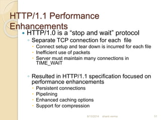 HTTP/1.1 Performance
Enhancements
 HTTP/1.0 is a “stop and wait” protocol
◦ Separate TCP connection for each file
 Connect setup and tear down is incurred for each file
 Inefficient use of packets
 Server must maintain many connections in
TIME_WAIT
◦ Resulted in HTTP/1.1 specification focused on
performance enhancements
 Persistent connections
 Pipelining
 Enhanced caching options
 Support for compression
shanti verma 518/13/2014
 