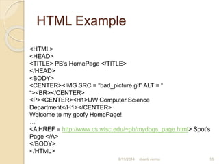 HTML Example
shanti verma 55
<HTML>
<HEAD>
<TITLE> PB’s HomePage </TITLE>
</HEAD>
<BODY>
<CENTER><IMG SRC = “bad_picture.gif” ALT = “
“><BR></CENTER>
<P><CENTER><H1>UW Computer Science
Department</H1></CENTER>
Welcome to my goofy HomePage!
…
<A HREF = http://www.cs.wisc.edu/~pb/mydogs_page.html> Spot’s
Page </A>
</BODY>
</HTML>
8/13/2014
 