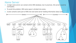 Name Server
 A single name server can contain entire DNS database, but in practical, this server would be
overloaded.
 To avoid this problem, DNS name space is divided into zones.
 A zone contains some part of DNS tree and name server holding information about zone.
 