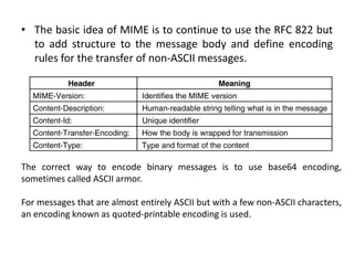 • The basic idea of MIME is to continue to use the RFC 822 but
to add structure to the message body and define encoding
rules for the transfer of non-ASCII messages.
The correct way to encode binary messages is to use base64 encoding,
sometimes called ASCII armor.
For messages that are almost entirely ASCII but with a few non-ASCII characters,
an encoding known as quoted-printable encoding is used.
 