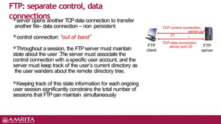 TCP control connection,
server port
21
FTP
client
FTP
server
TCP data connection,
server port 20
server opens another TCPdata connection to transfer
another file- data connection – non persistent
control connection: “out of band”
Throughout a session, the FTPserver must maintain
state about the user .The server must associate the
control connection with a specific user account, and the
server must keep track of the user’s current directory as
the user wanders about the remote directory tree.
Keeping track of this state information for each ongoing
user session significantly constrains the total number of
sessions that FTPcan maintain simultaneously
FTP: separate control, data
connections
 