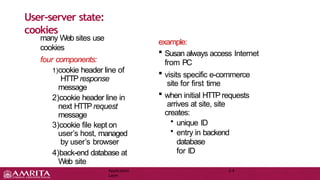 Application
Layer
2-4
User-server state:
cookies
many Web sites use
cookies
four components:
1)cookie header line of
HTTP response
message
2)cookie header line in
next HTTPrequest
message
3)cookie file kept on
user’s host, managed
by user’s browser
4)back-end database at
Web site
example:
 Susan always access Internet
from PC
 visits specific e-commerce
site for first time
 when initial HTTP requests
arrives at site, site
creates:
• unique ID
• entry in backend
database
for ID
 