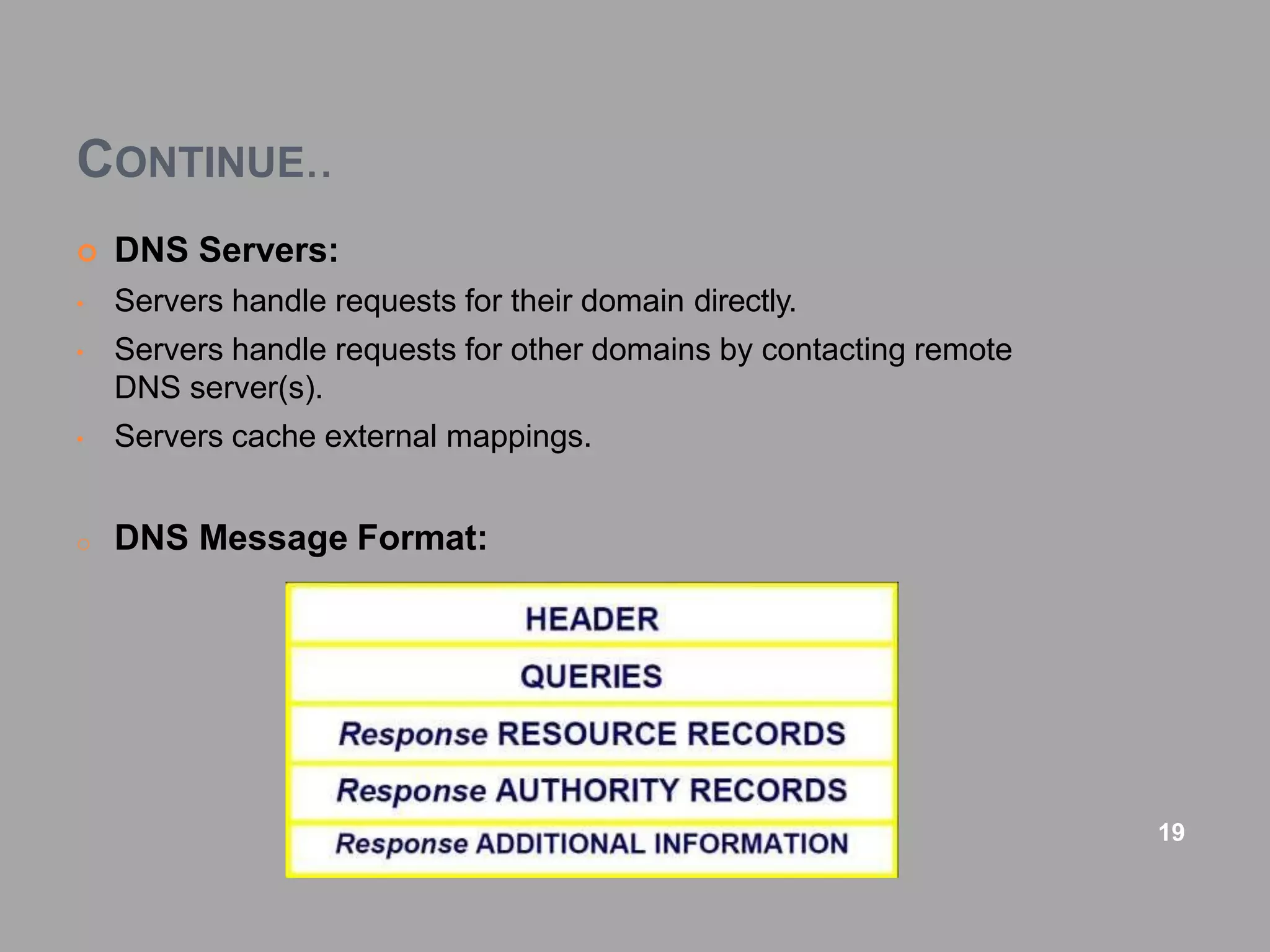 CONTINUE..
 DNS Servers:
• Servers handle requests for their domain directly.
• Servers handle requests for other domains by contacting remote
DNS server(s).
• Servers cache external mappings.
o DNS Message Format:
19
 