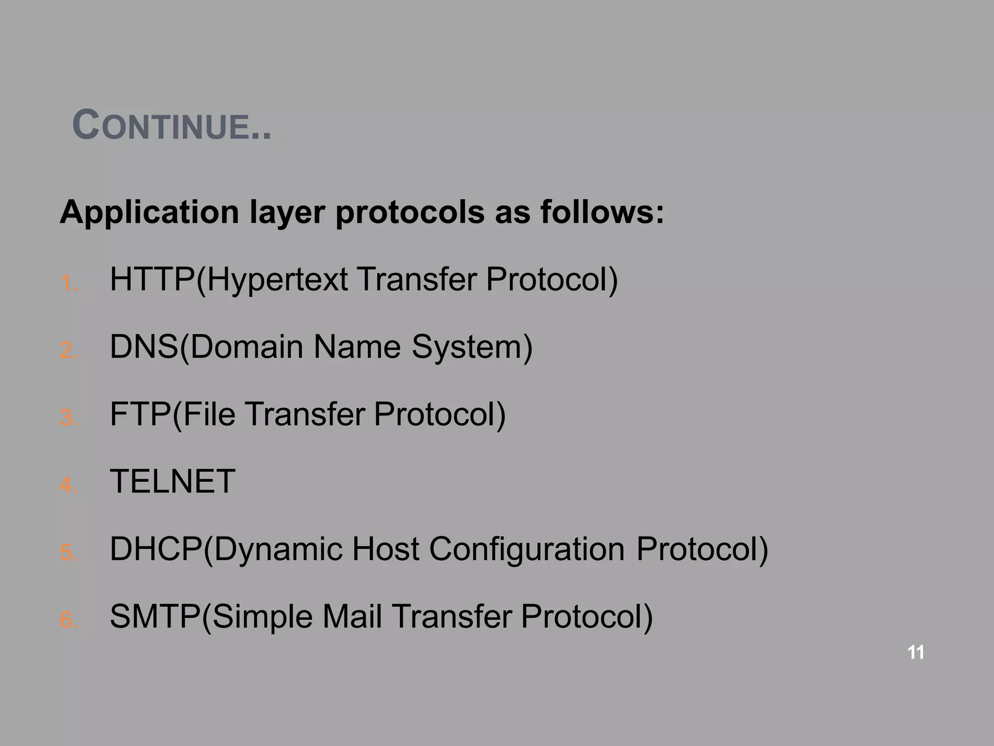 CONTINUE..
Application layer protocols as follows:
1. HTTP(Hypertext Transfer Protocol)
2. DNS(Domain Name System)
3. FTP(File Transfer Protocol)
4. TELNET
5. DHCP(Dynamic Host Configuration Protocol)
6. SMTP(Simple Mail Transfer Protocol)
11
 