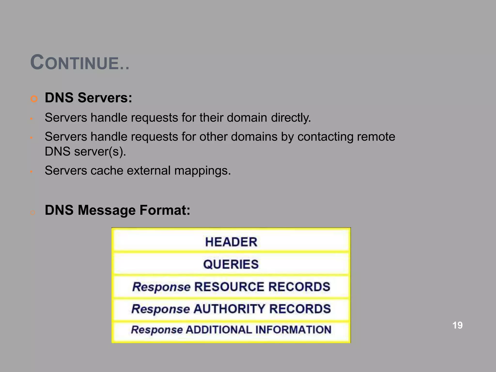 CONTINUE..
 DNS Servers:
• Servers handle requests for their domain directly.
• Servers handle requests for other domains by contacting remote
DNS server(s).
• Servers cache external mappings.
o DNS Message Format:
19
 
