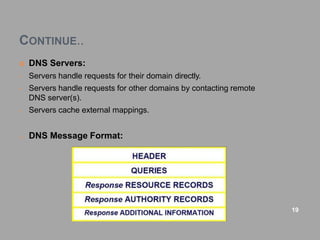 CONTINUE..
 DNS Servers:
• Servers handle requests for their domain directly.
• Servers handle requests for other domains by contacting remote
DNS server(s).
• Servers cache external mappings.
o DNS Message Format:
19
 