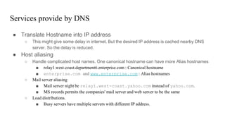 Services provide by DNS
● Translate Hostname into IP address
○ This might give some delay in internet. But the desired IP address is cached nearby DNS
server. So the delay is reduced.
● Host aliasing
○ Handle complicated host names. One canonical hostname can have more Alias hostnames
■ relay1.west-coast.department6.enterprise.com : Canonical hostname
■ enterprise.com and www.enterprise.com : Alias hostnames
○ Mail server aliasing
■ Mail server night be relay1.west-coast.yahoo.com instead of yahoo.com.
■ MS records permits the companies' mail server and web server to be the same
○ Load distributions.
■ Busy servers have multiple servers with different IP address.
 