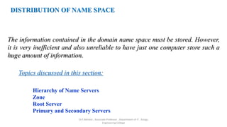 DISTRIBUTION OF NAME SPACE
The information contained in the domain name space must be stored. However,
it is very inefficient and also unreliable to have just one computer store such a
huge amount of information.
Hierarchy of Name Servers
Zone
Root Server
Primary and Secondary Servers
Topics discussed in this section:
Dr.T.Abirami , Associate Professor , Department of IT , Kongu
Engineering College
 