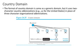 Country Domain
• The format of country domain is same as a generic domain, but it uses two-
character country abbreviations (e.g., us for the United States) in place of
three character organizational abbreviations.
Dr.T.Abirami , Associate Professor , Department of IT , Kongu
Engineering College
 