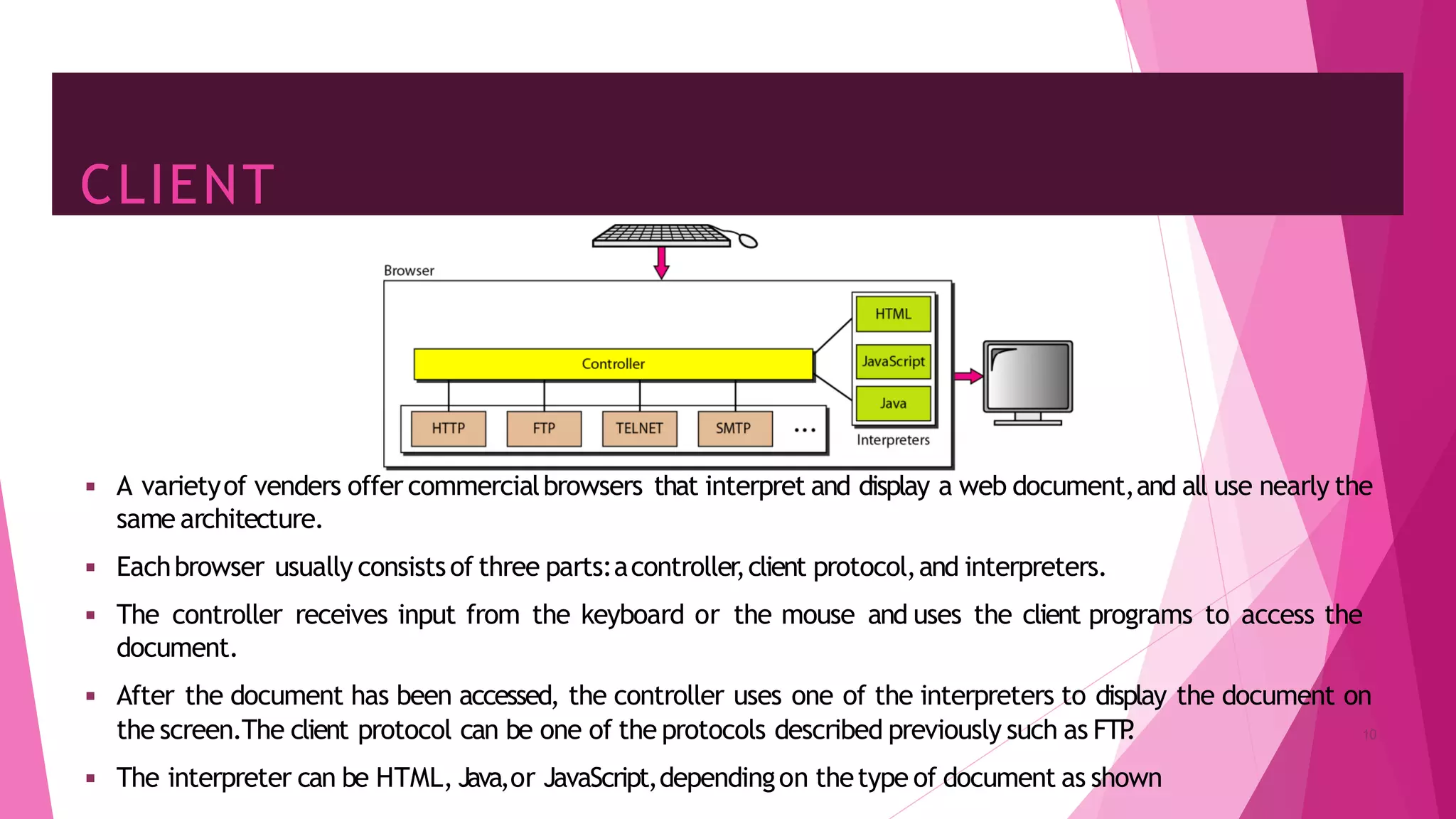 CLIENT
◾ A varietyof venders offer commercialbrowsers that interpret and display a web document,and all use nearly the
same architecture.
◾ Eachbrowser usually consistsof three parts:acontroller,client protocol,and interpreters.
◾ The controller receives input from the keyboard or the mouse and uses the client programs to access the
document.
◾ After the document has been accessed, the controller uses one of the interpreters to display the document on
the screen.The client protocol can be one of the protocols described previously such as FTP
.
◾ The interpreter can be HTML, Java,or JavaScript,dependingon thetype of document as shown
10
 