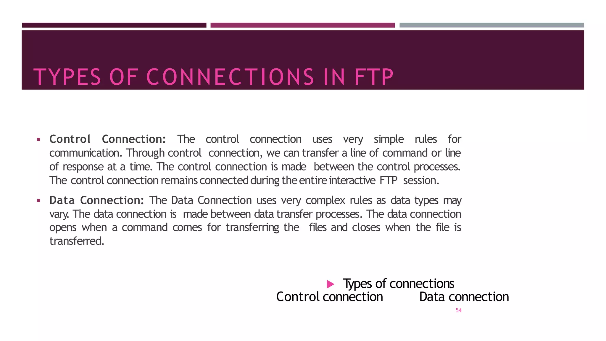 TYPES OF CONNECTIONS IN FTP
◾ Control Connection: The control connection uses very simple rules for
communication. Through control connection, we can transfer a line of command or line
of response at a time. The control connection is made between the control processes.
The control connection remainsconnectedduring theentireinteractive FTP session.
◾ Data Connection: The Data Connection uses very complex rules as data types may
vary
. The data connection is made between data transfer processes. The data connection
opens when a command comes for transferring the files and closes when the file is
transferred.
 T
ypes of connections
54
Control connection Data connection
 