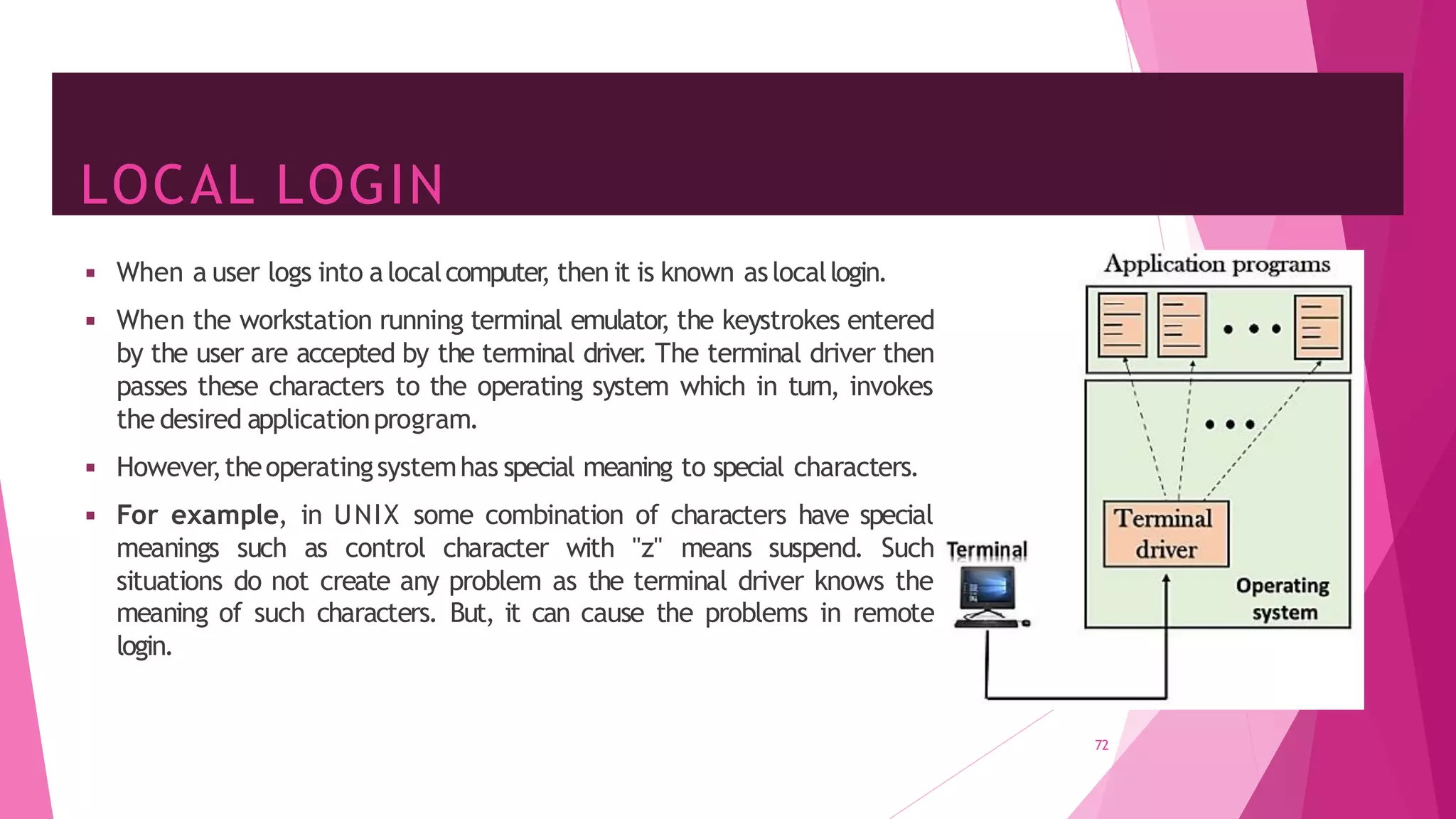 LOCAL LOGIN
72
◾ When a user logs into alocalcomputer
, then it is known aslocallogin.
◾ When the workstation running terminal emulator
, the keystrokes entered
by the user are accepted by the terminal driver
. The terminal driver then
passes these characters to the operating system which in turn, invokes
the desired applicationprogram.
◾ However,theoperatingsystemhas special meaning to special characters.
◾ For example, in UNIX some combination of characters have special
meanings such as control character with "z" means suspend. Such
situations do not create any problem as the terminal driver knows the
meaning of such characters. But, it can cause the problems in remote
login.
 