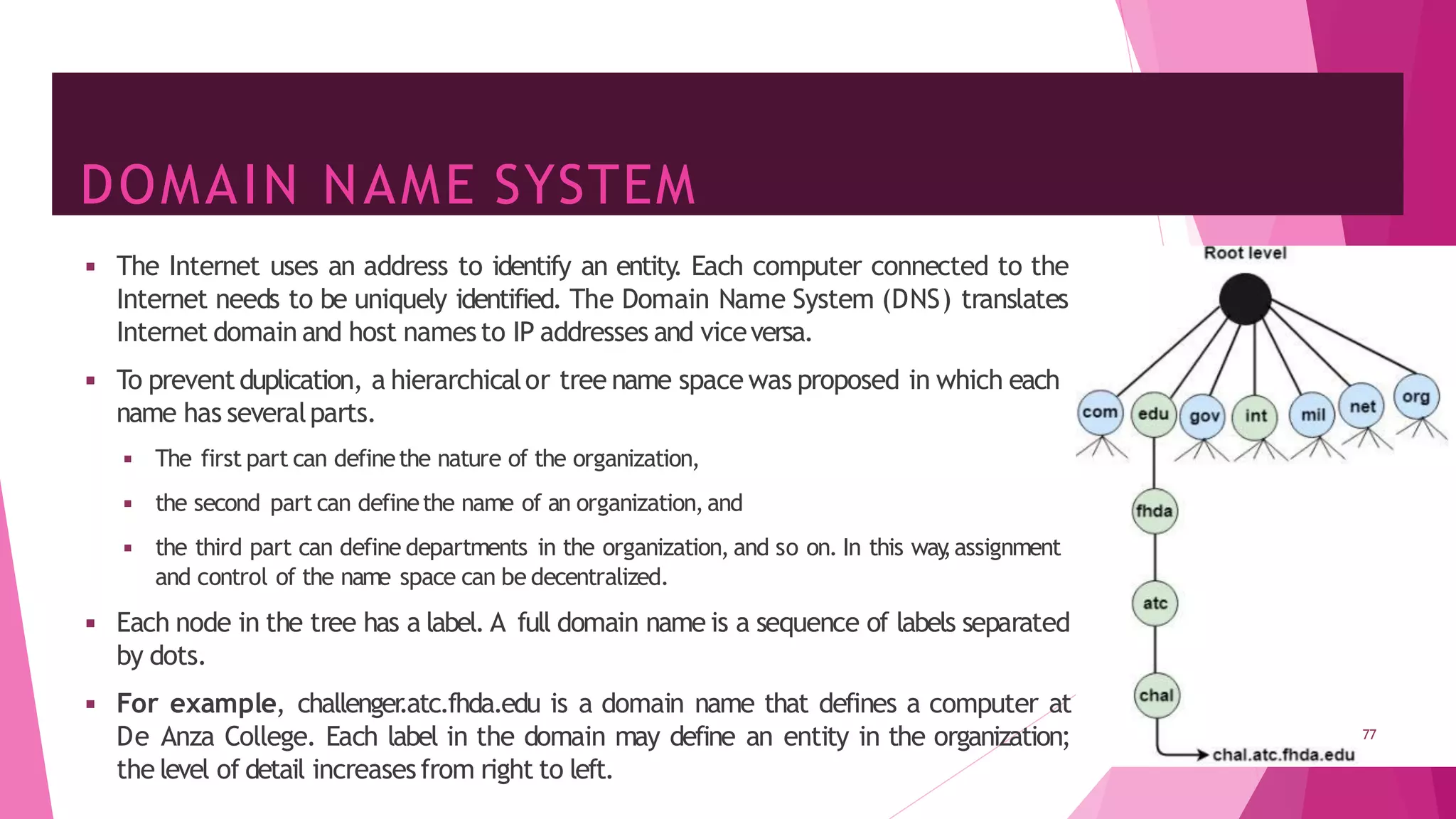 DOMAIN NAME SYSTEM
◾ The Internet uses an address to identify an entity
. Each computer connected to the
Internet needs to be uniquely identified. The Domain Name System (DNS) translates
Internet domain and host namesto IP addresses and viceversa.
◾ To preventduplication, a hierarchicalor tree name space was proposed in which each
name has severalparts.
◾ The first part can definethe nature of the organization,
◾ the second part can definethe name of an organization,and
◾ the third part can define departments in the organization, and so on. In this way
,assignment
and control of the name space can be decentralized.
◾ Each node in the tree has a label. A full domain name is a sequence of labels separated
by dots.
◾ For example, challenger
.atc.fhda.edu is a domain name that defines a computer at
De Anza College. Each label in the domain may define an entity in the organization;
the level of detail increasesfrom right to left.
77
 