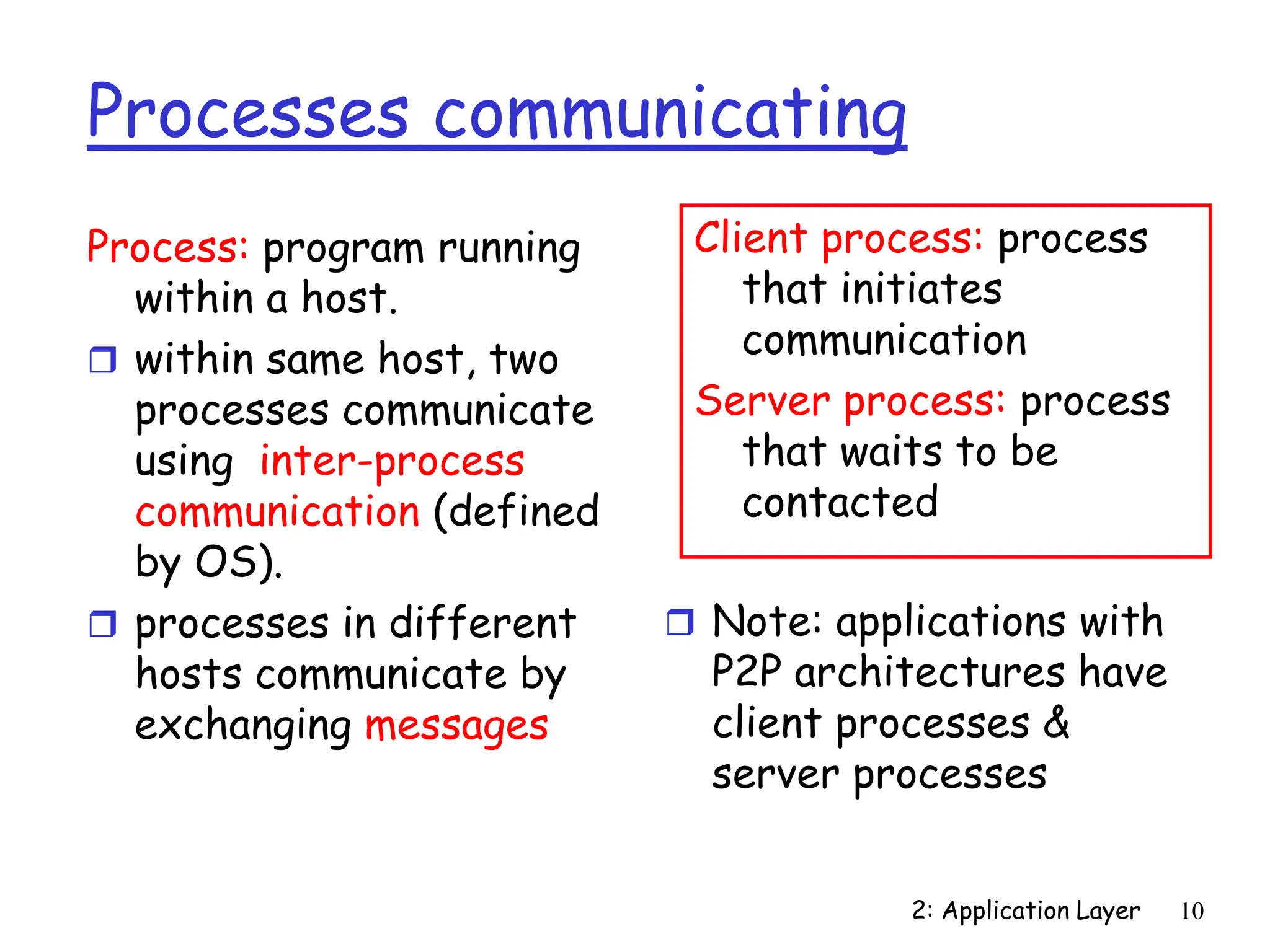 2: Application Layer 10
Processes communicating
Process: program running
within a host.
 within same host, two
processes communicate
using inter-process
communication (defined
by OS).
 processes in different
hosts communicate by
exchanging messages
Client process: process
that initiates
communication
Server process: process
that waits to be
contacted
 Note: applications with
P2P architectures have
client processes &
server processes
 
