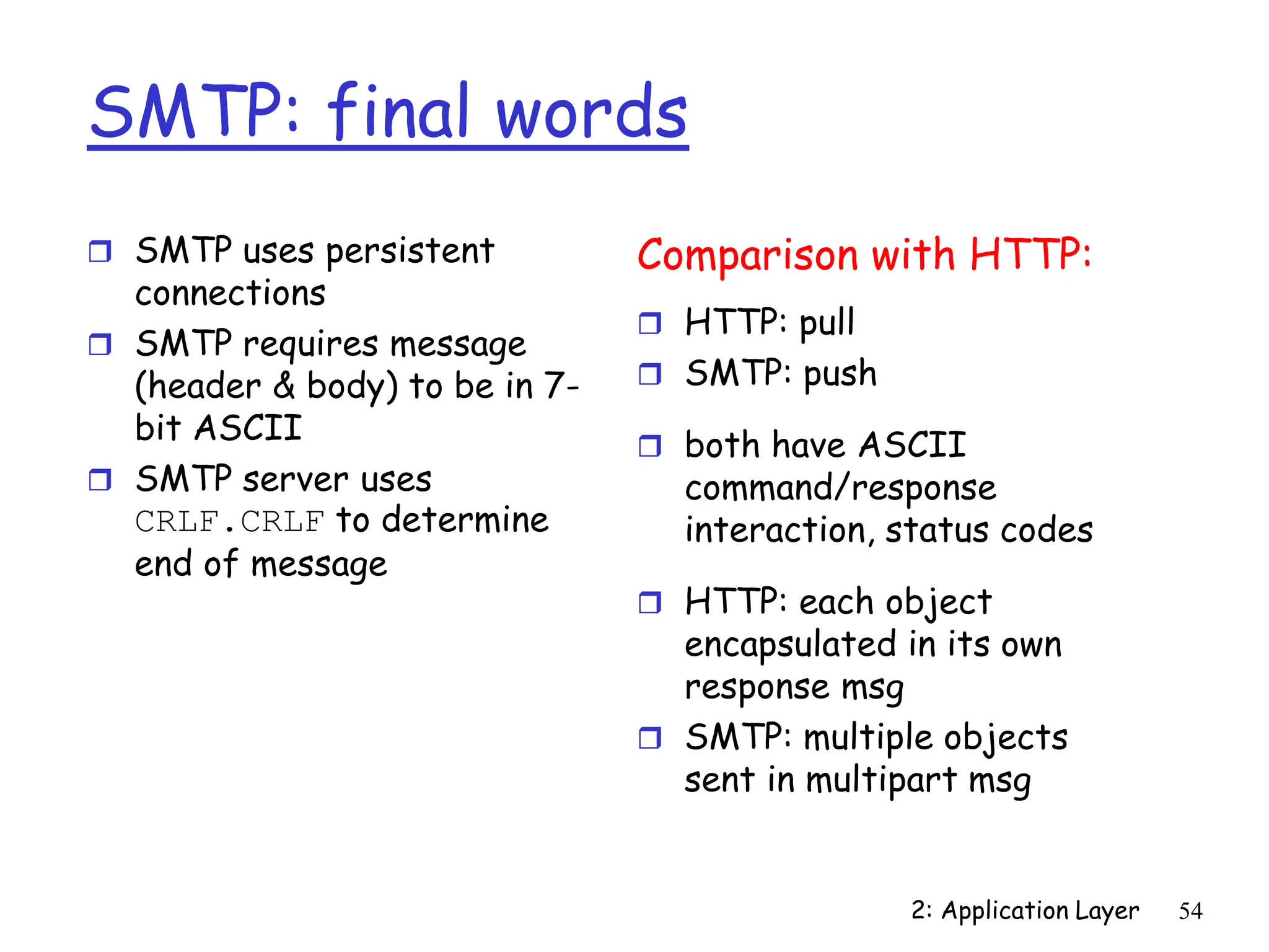2: Application Layer 54
SMTP: final words
 SMTP uses persistent
connections
 SMTP requires message
(header & body) to be in 7-
bit ASCII
 SMTP server uses
CRLF.CRLF to determine
end of message
Comparison with HTTP:
 HTTP: pull
 SMTP: push
 both have ASCII
command/response
interaction, status codes
 HTTP: each object
encapsulated in its own
response msg
 SMTP: multiple objects
sent in multipart msg
 