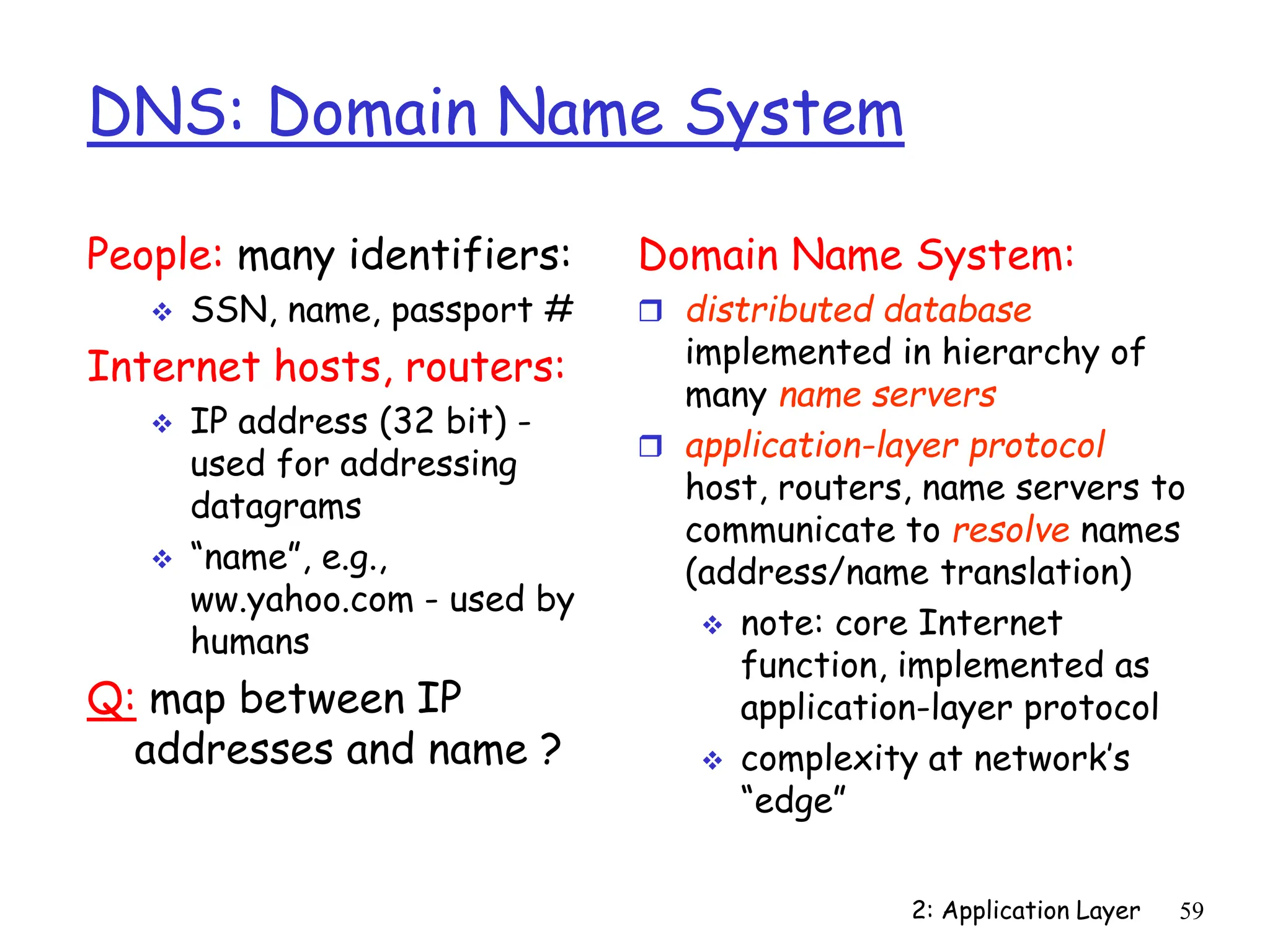 2: Application Layer 59
DNS: Domain Name System
People: many identifiers:
 SSN, name, passport #
Internet hosts, routers:
 IP address (32 bit) -
used for addressing
datagrams
 “name”, e.g.,
ww.yahoo.com - used by
humans
Q: map between IP
addresses and name ?
Domain Name System:
 distributed database
implemented in hierarchy of
many name servers
 application-layer protocol
host, routers, name servers to
communicate to resolve names
(address/name translation)
 note: core Internet
function, implemented as
application-layer protocol
 complexity at network’s
“edge”
 