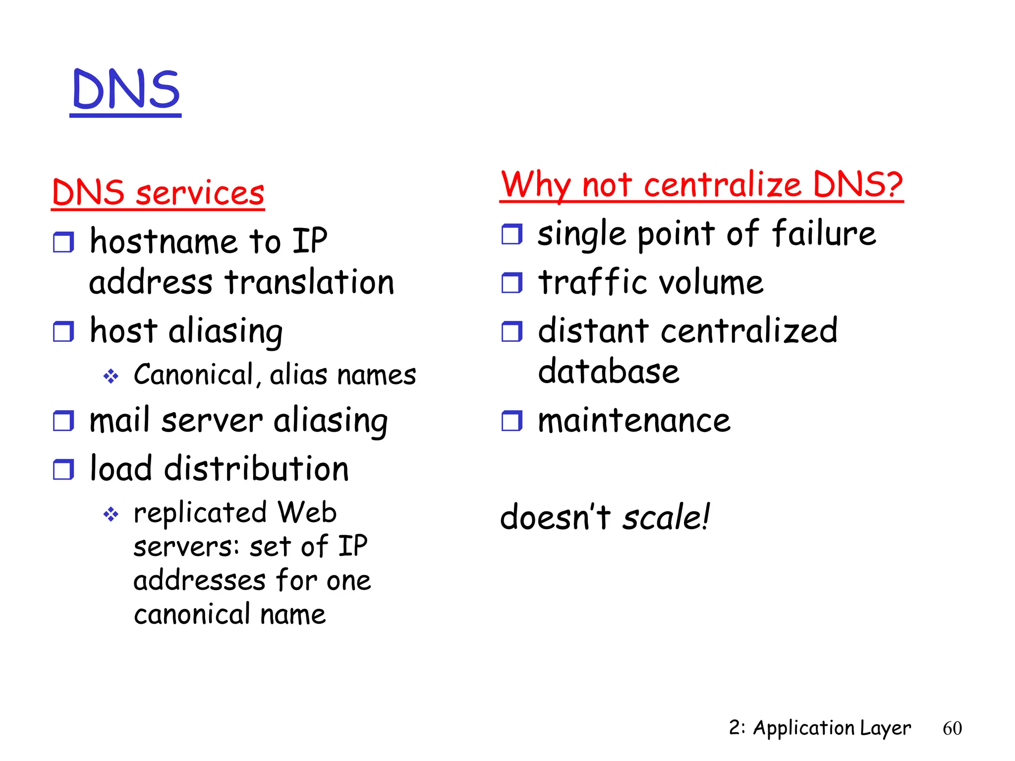 2: Application Layer 60
DNS
Why not centralize DNS?
 single point of failure
 traffic volume
 distant centralized
database
 maintenance
doesn’t scale!
DNS services
 hostname to IP
address translation
 host aliasing
 Canonical, alias names
 mail server aliasing
 load distribution
 replicated Web
servers: set of IP
addresses for one
canonical name
 