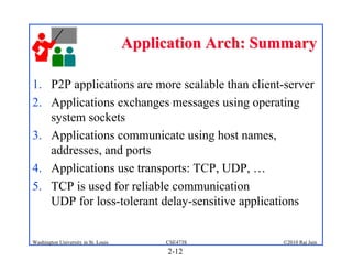Application Arch: Summary

1. P2P applications are more scalable than client-server
2. Applications exchanges messages using operating
   system sockets
3. Applications communicate using host names,
   addresses, and ports
4. Applications use transports: TCP, UDP, …
5. TCP is used for reliable communication
   UDP for loss-tolerant delay-sensitive applications


Washington University in St. Louis        CSE473S        ©2010 Raj Jain
                                          2-12
 