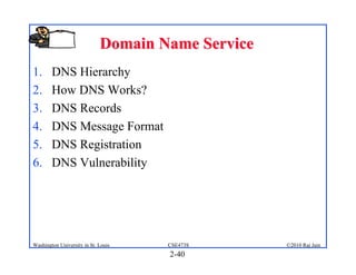 Domain Name Service
1.      DNS Hierarchy
2.      How DNS Works?
3.      DNS Records
4.      DNS Message Format
5.      DNS Registration
6.      DNS Vulnerability




Washington University in St. Louis   CSE473S       ©2010 Raj Jain
                                     2-40
 