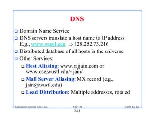 DNS
 Domain Name Service
 DNS servers translate a host name to IP address
  E.g., www.wustl.edu  128.252.73.216
 Distributed database of all hosts in the universe
 Other Services:
    Host Aliasing: www.rajjain.com or
     www.cse.wustl.edu/~jain/
    Mail Server Aliasing: MX record (e.g.,
     jain@wustl.edu)
    Load Distribution: Multiple addresses, rotated


Washington University in St. Louis   CSE473S    ©2010 Raj Jain
                                     2-41
 