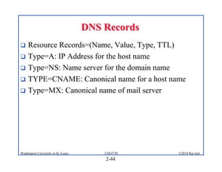 DNS Records
 Resource Records=(Name, Value, Type, TTL)
 Type=A: IP Address for the host name
 Type=NS: Name server for the domain name
 TYPE=CNAME: Canonical name for a host name
 Type=MX: Canonical name of mail server




Washington University in St. Louis       CSE473S   ©2010 Raj Jain
                                         2-44
 